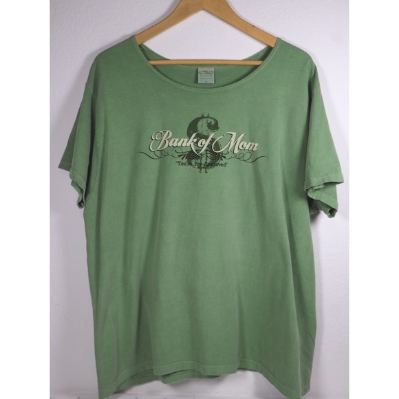 CRAZY SHIRTS Vintage Bank of Mom Green Graphic T-Shirt Womens XL MONEY DYED - Picture 1 of 9
